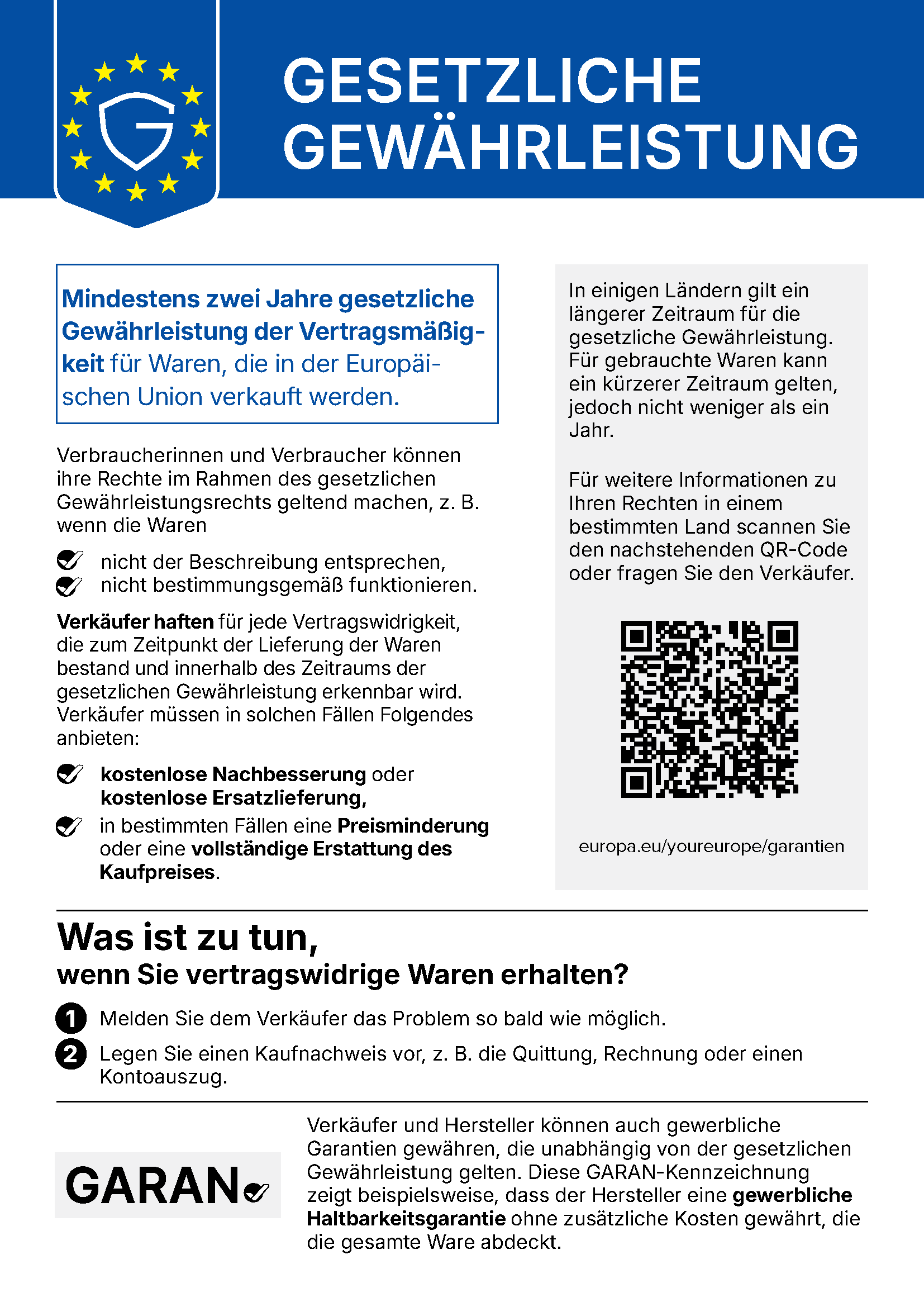 EU-Hinweis: Mindestens zwei Jahre gesetzliche Gewährleistung für Waren, die in der EU verkauft werden